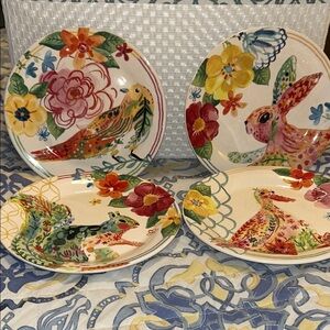 Pier 1 Ironstone Hello Spring 4 Salad Plates Floral 9” Duck Bird Bunny Rabbit